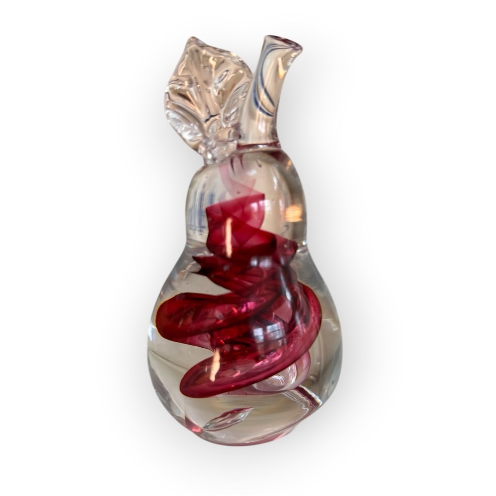 Blown Glass Pear with Red Swirl paperweight or sculpture signed MP